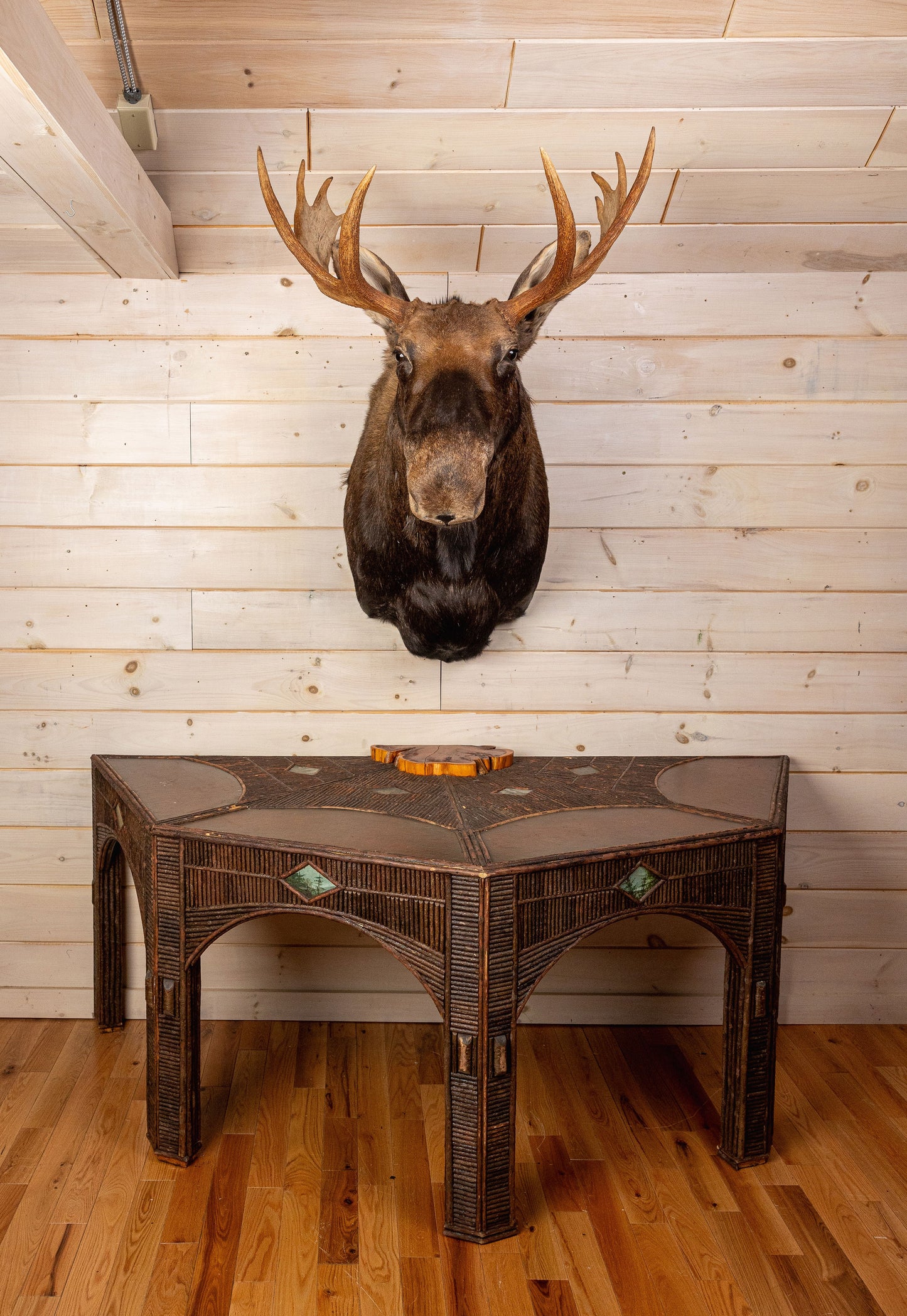 Large Octagon Twig Table With Painting - Two Demi Lune