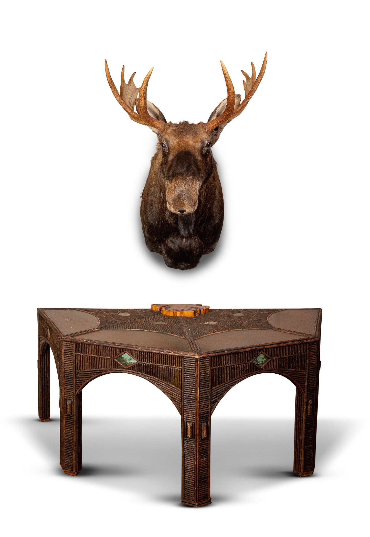 Large Octagon Twig Table With Painting - Two Demi Lune